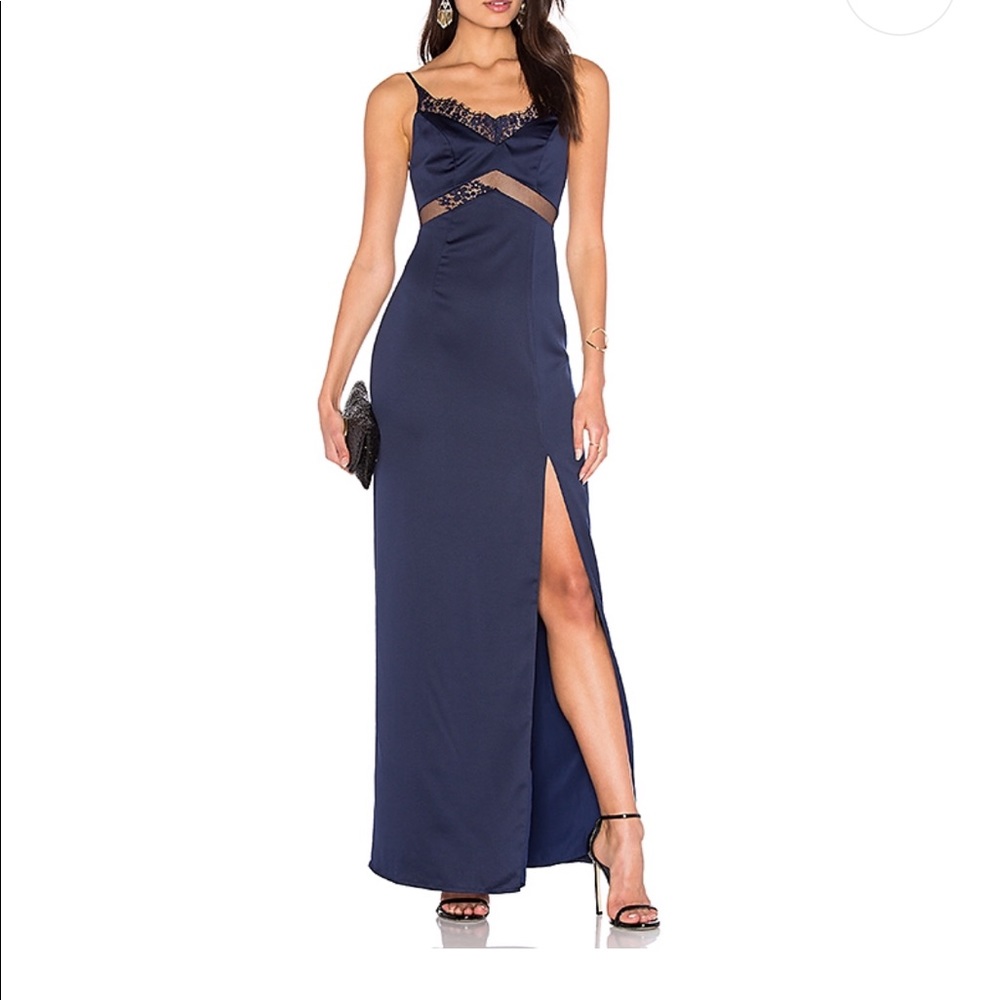 NBD REVOLVE Saint Gown in Navy & Black Lace